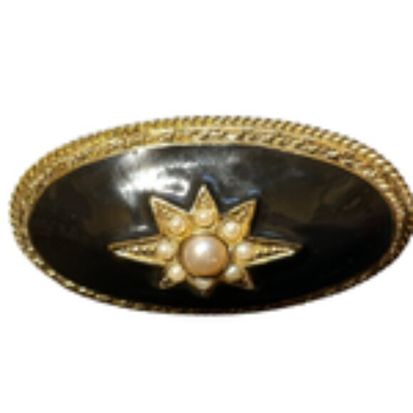 Vintage 1928 Brand Faux Seed Pearl Domed Oval Black Enamel Brooch Pin Gold Tone - Picture 2 of 8
